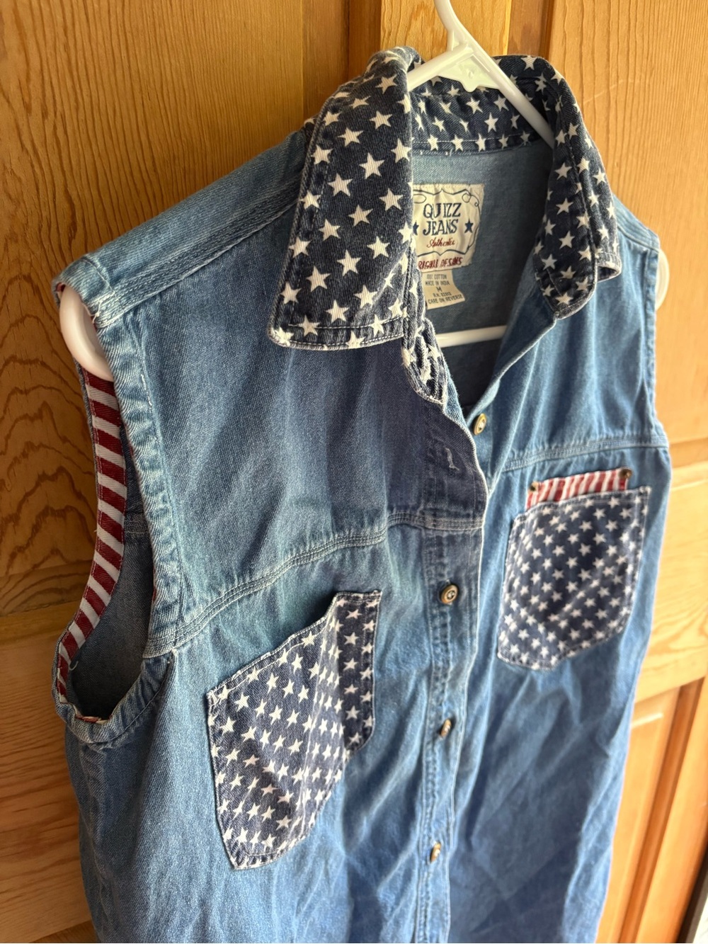 Sleeveless Denim Button Up Tank Top | Patriotic | American Flag | Vintage | 90s